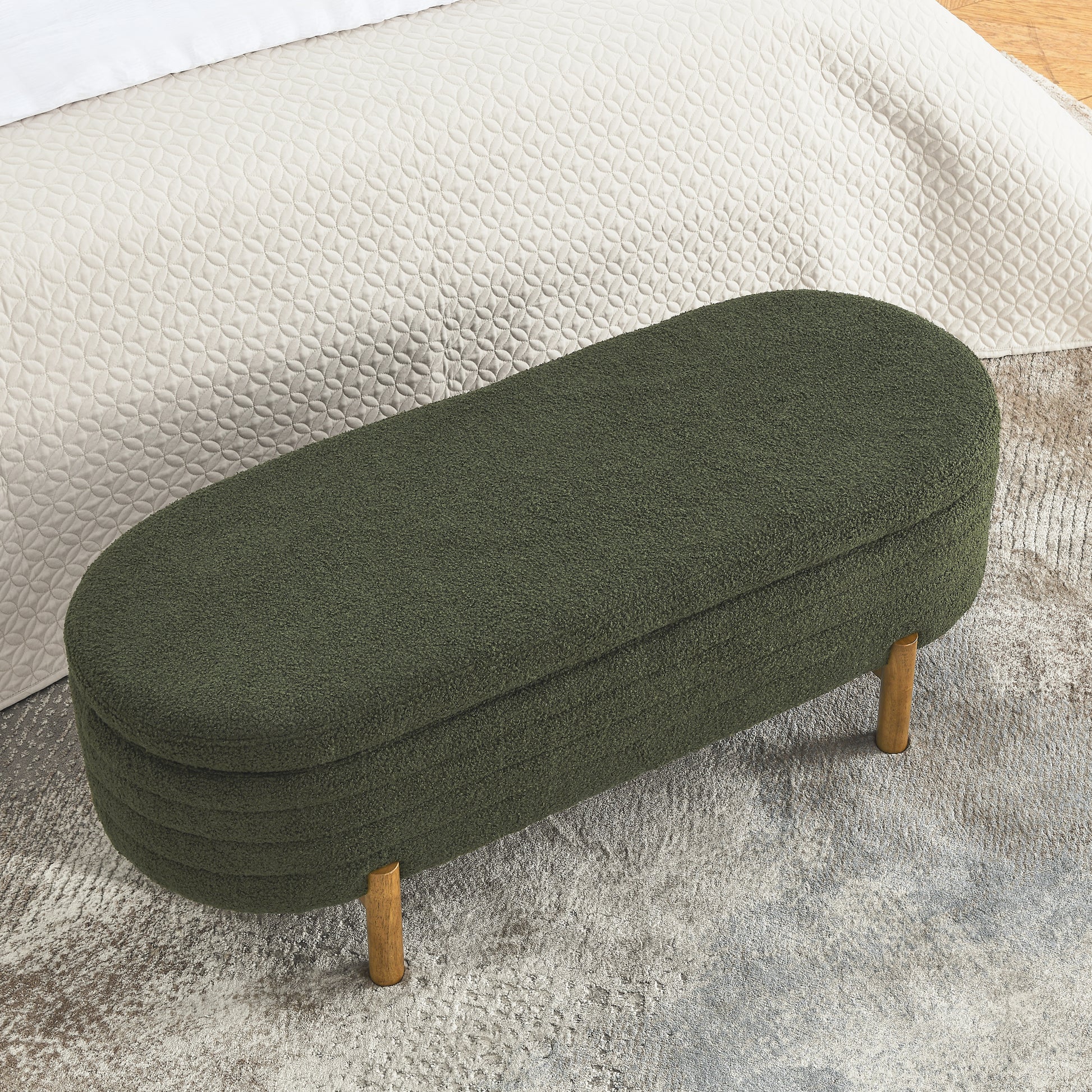 Ottoman Oval Storage Bench,Rubber Wood Leg, Green 46."X17.7"X10.8" Green Foam