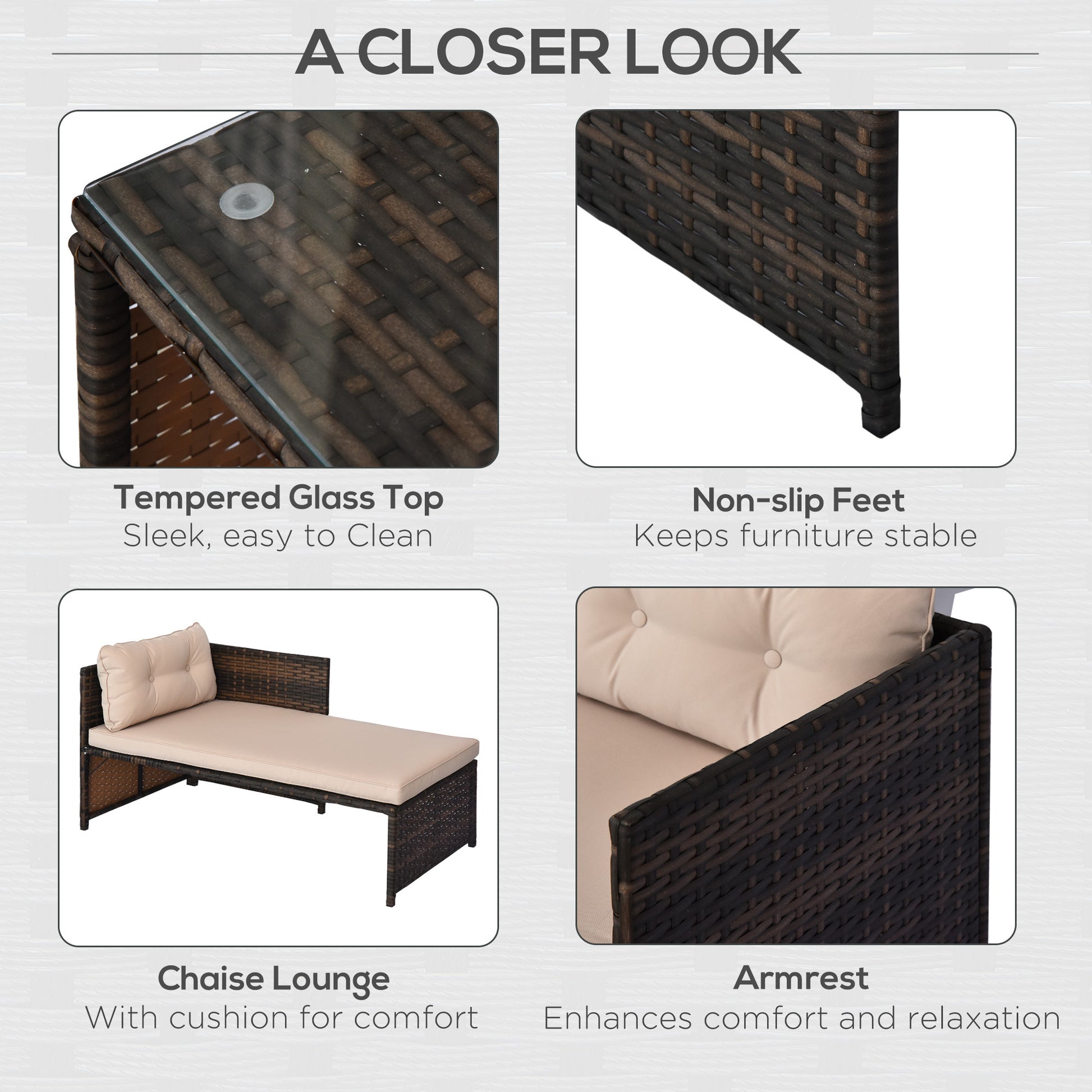 Outsunny 3 Piece Patio Furniture Set, Rattan Outdoor Sofa Set With Chaise Lounge & Loveseat, Soft Cushions, Tempered Glass Table, L Shaped Sectional Couch, Beige Beige Rattan Metal