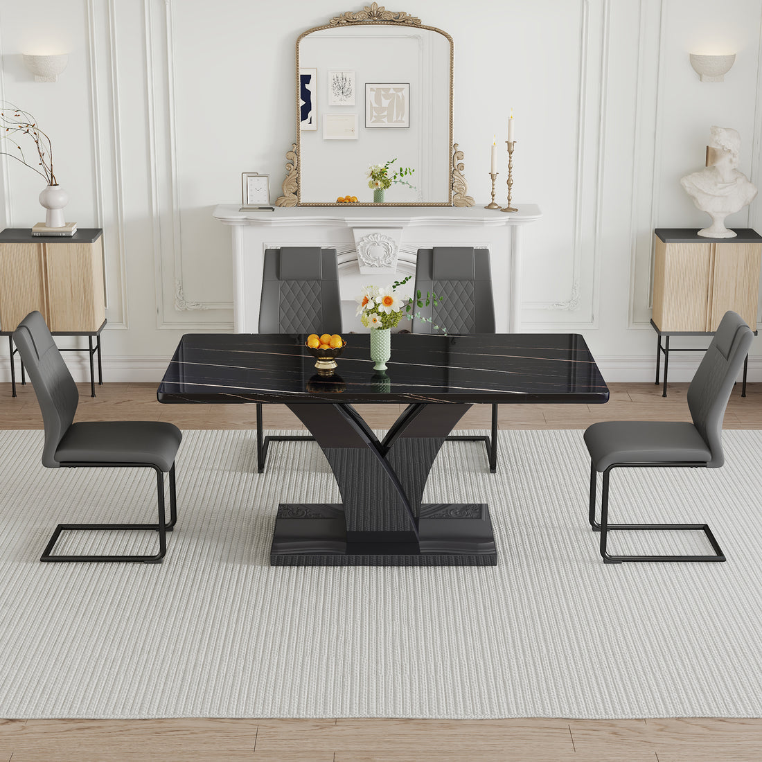 Table And Chair Set, Modern Dining Table, Black Tabletop And Black Mdf Leg Table, Soft And Comfortable Dining Chair, Perfect For Dinner, Meetings, Home And Office Decor Black Grey Mdf