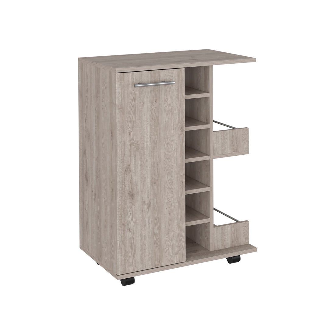 32" H Light Oak Bar Coffee Cart, Cabinet Storage, With 4 Wheels, 1 Divided Storage With 1 Shelf, 1 Folding Door, A Central Vertical Division For 6 Bottles And 2 Side Shelves With Aluminum Front