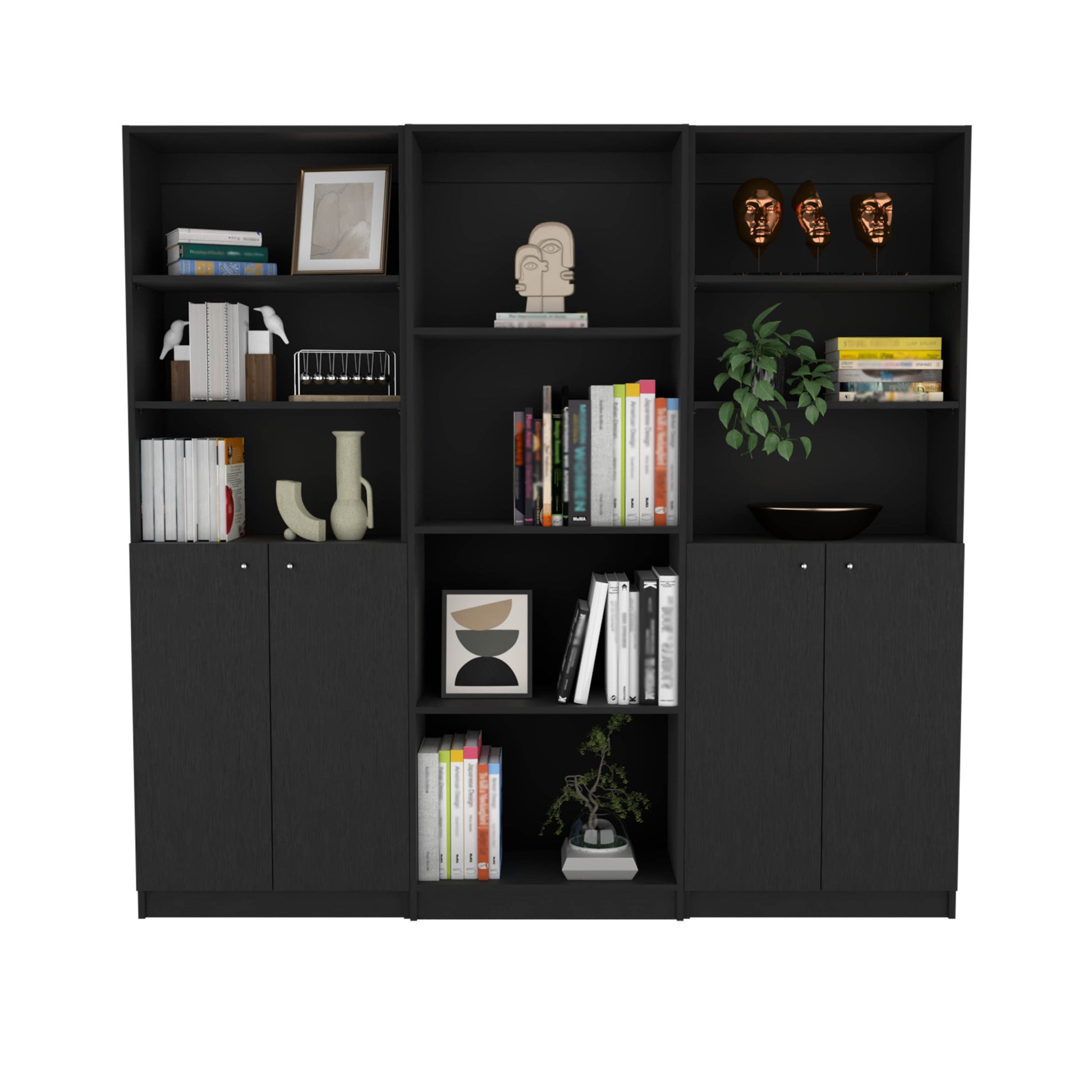 Hialeah 3 Piece Home Bookcase Set, 74" Wide With 10 Shelves And Two Double Door Cabinetliving Room Set Set Black Freestanding 5 Or More Shelves Black Office Open Storage Space Modern Particle Board