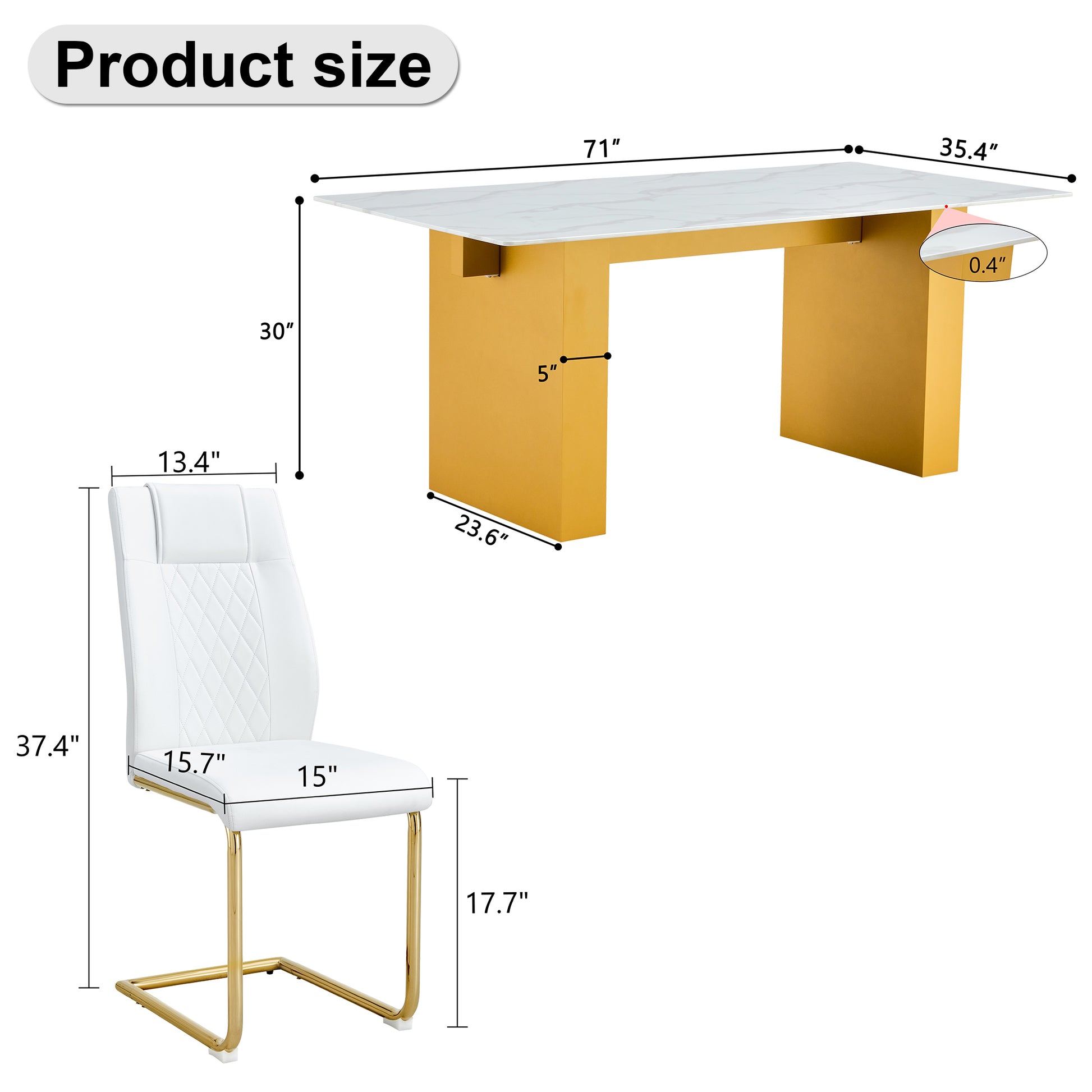Table And Chair Set.Large Modern Rectangular Table With 0.4 Inch Patterned Glass Tabletop And Large Mdf Table Legs.Comes With 8 Chairs With Faux Leather Cushioned Seats And Golden Metal Legs. Gold White Seats 8 Mdf Glass
