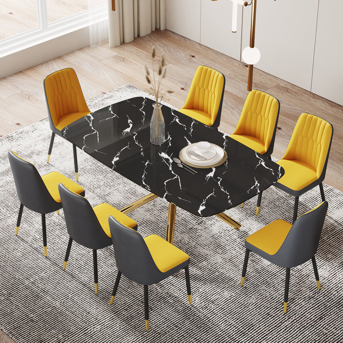 Large Modern Minimalist Rectangular Dining Table With 0.39 "Imitation Marble Black Tabletop And Golden Metal Legs, Paired With Chairs With Pu Cushions And Black Metal Legs. F 1537 C 007 Black Gold Glass Metal