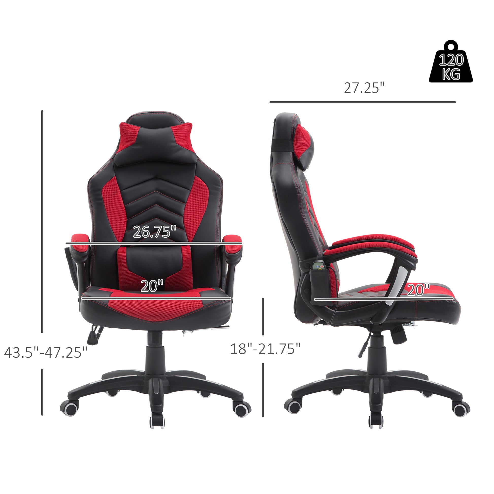 Homcom 6 Vibrating Point Massage Computer Gaming Chair 5 Modes, Racing Style Heated Desk Chair Swivel Rolling Chair With Headrest, Red Black Red Faux Leather