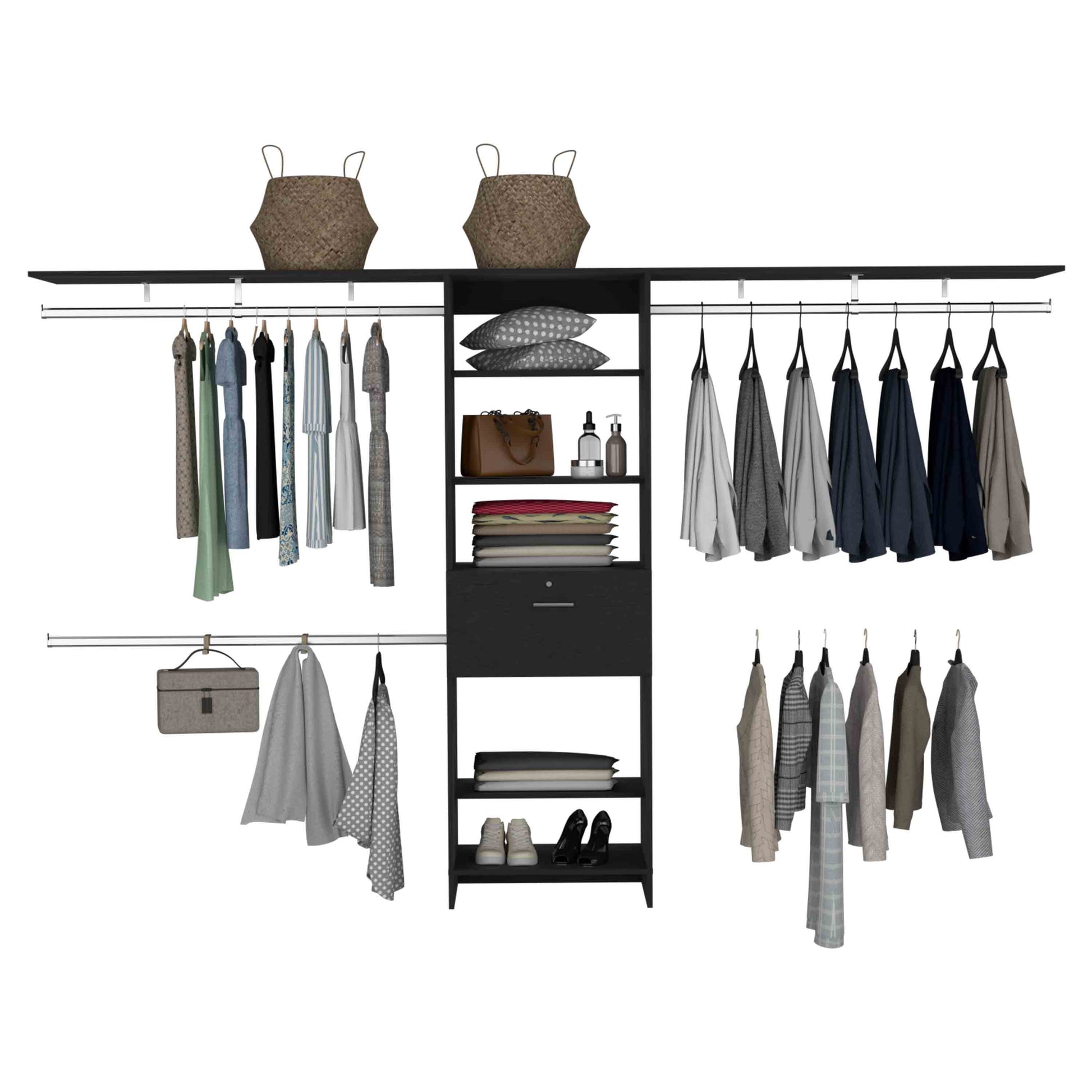 Closet System 70"W 118"W, Three Hanging Rods, Five Shelves, One Drawer, Black Black Solid Wood Mdf Engineered Wood