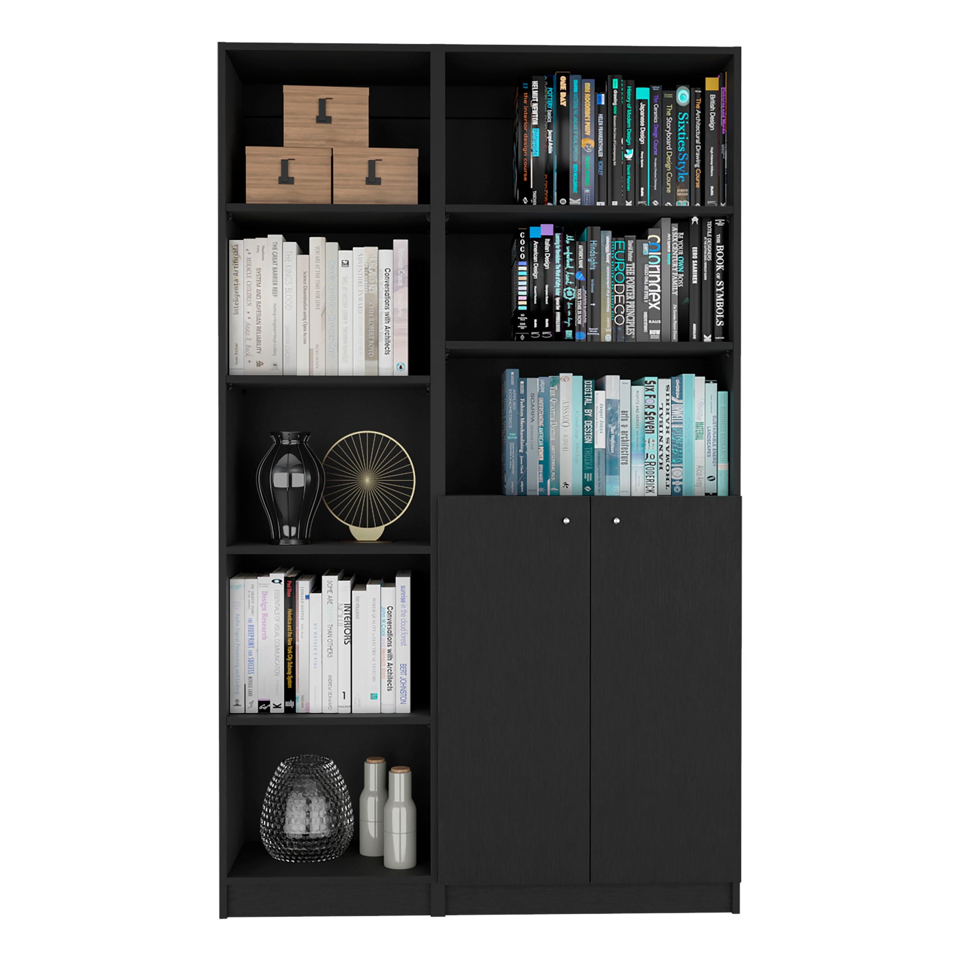 Micco 2 Piece 2 Piece Home Bookcase Set, 42" Wide With 8 Shelves And Double Door Cabinet, Living Room Set Black Black Particle Board