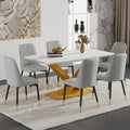 Table And Chair Set.The Table Is Equipped With A Marble Patterned Mdf Tabletop And Gold Table Legs.Paired With 6 Light Gray Chairs With Pu Cushions And Black Metal Legs. Gold,Light Gray Seats 6 Mdf