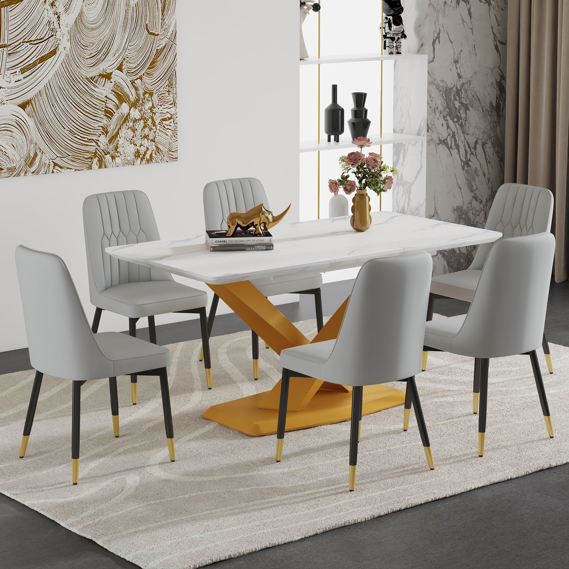 Table And Chair Set.The Table Is Equipped With A Marble Patterned Mdf Tabletop And Gold Table Legs.Paired With 6 Light Gray Chairs With Pu Cushions And Black Metal Legs. Gold,Light Gray Seats 6 Mdf