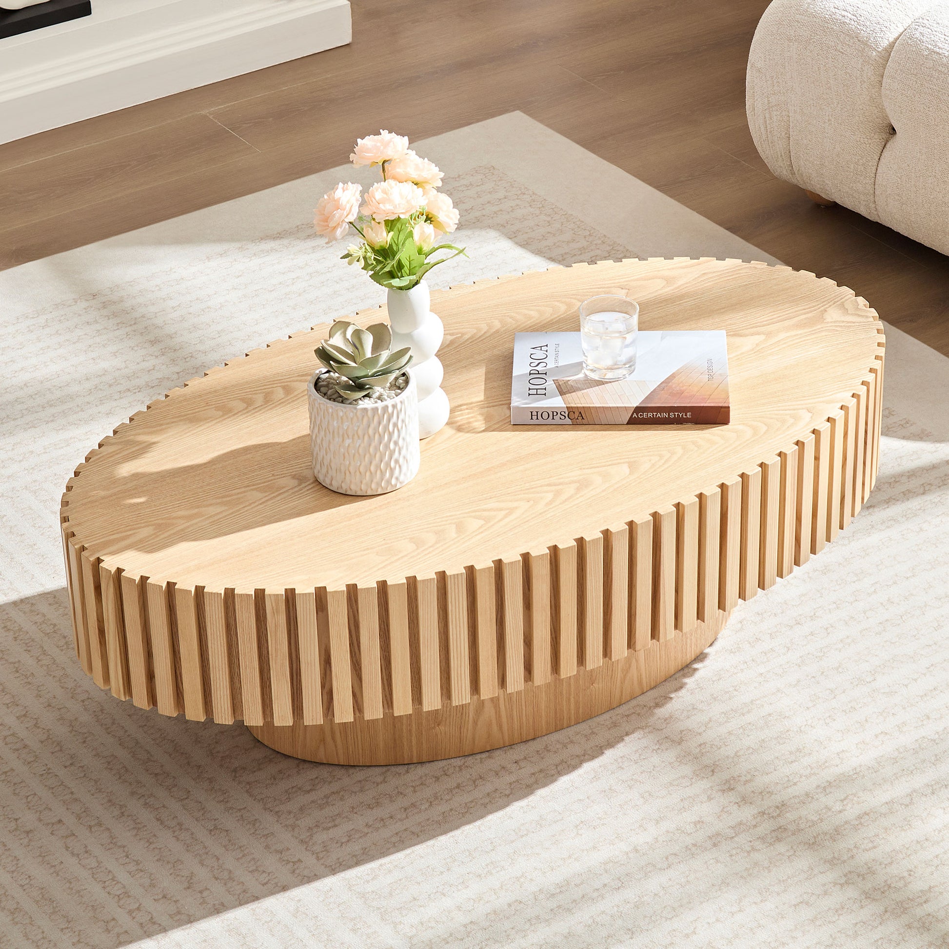 Modern Handcraft Drum Coffee Table Length 43.7 Inch Ellipse Coffee Table For Living Room,Small Coffee Table With Sturdy Pedestal,Natural Ash Mdf Natural Ash Mdf