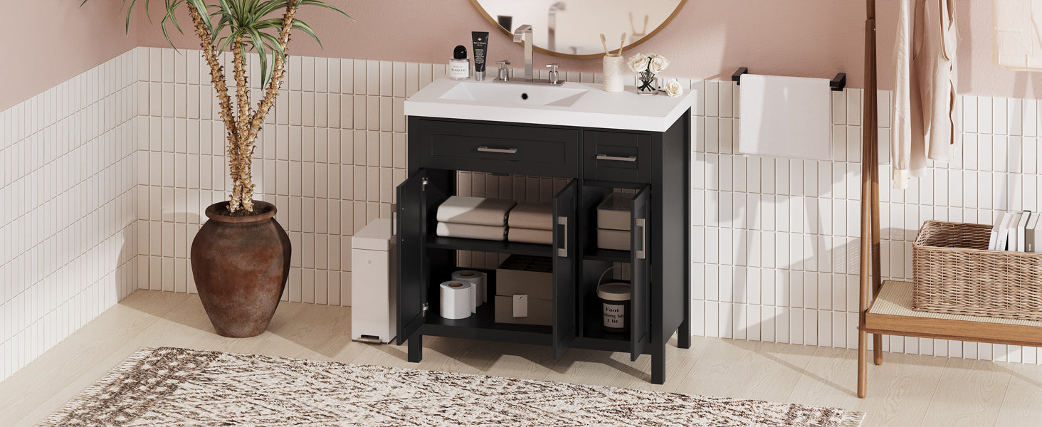 36" Black Bathroom Vanity Cabinet With Resin Integrated Sink 2 Drawers, 3 Doors Black Bathroom Solid Wood Mdf Resin