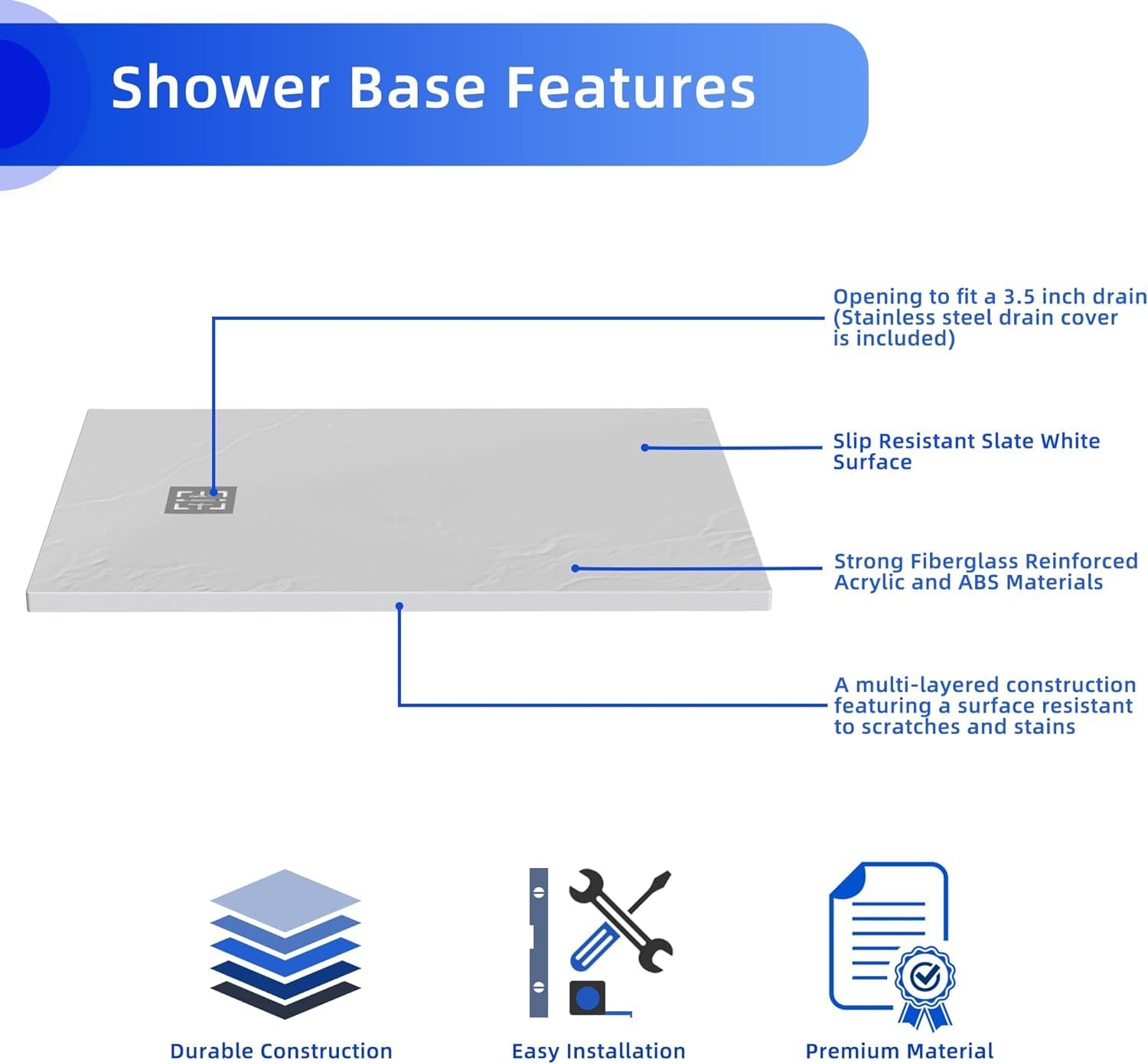 Goodyo 32"X48" White Abs & Acrylic Shower Base With Drain Kit And Stainless Steel Cover White Abs