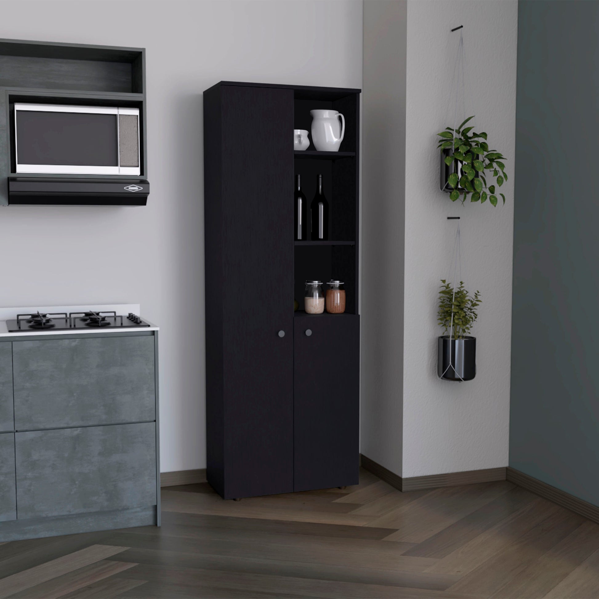 Riner Multistotage 67" H With 5 Tier Storage Shelves And 2 Doors, Black Black Solid Wood Mdf Engineered Wood