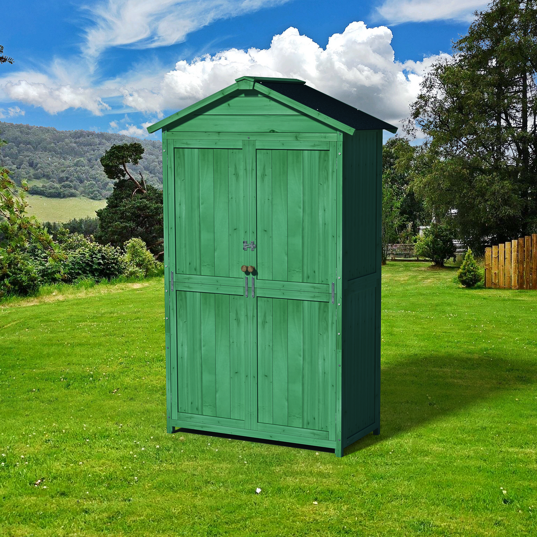 Outdoor 35.6"X 18.1"X 66.15" L Wood Storage Shed, Garden Tool Cabinet With Waterproof Asphalt Roof, Double Doors, Multiple Tier Shelves,Forest Green Green Dark Green Metal & Wood