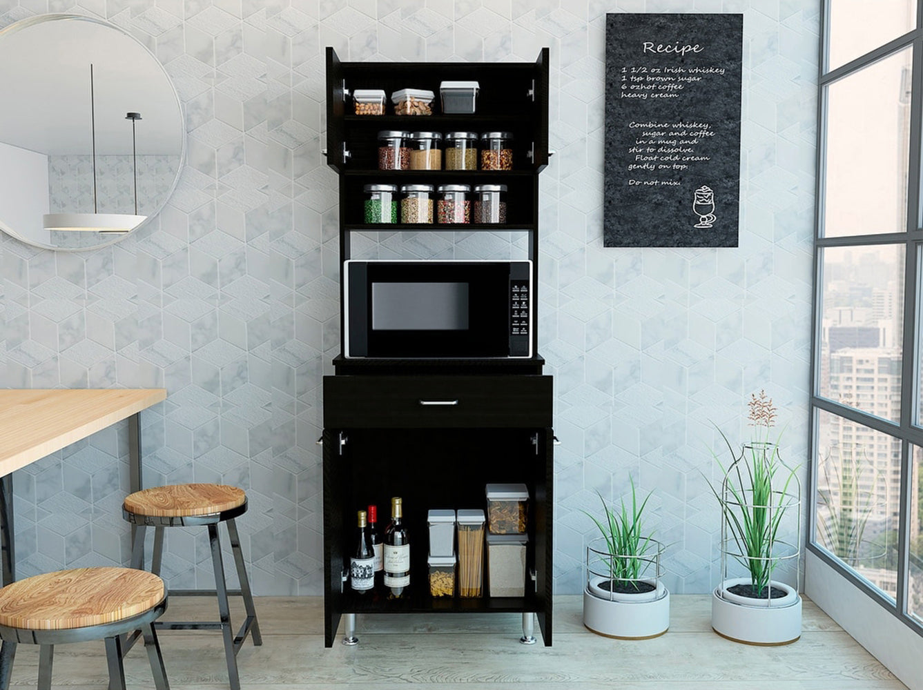 Santa Maria 1 Drawer 1 Shelf Area Pantry With Adjustable Metal Legs Black Wengue Black Particle Board