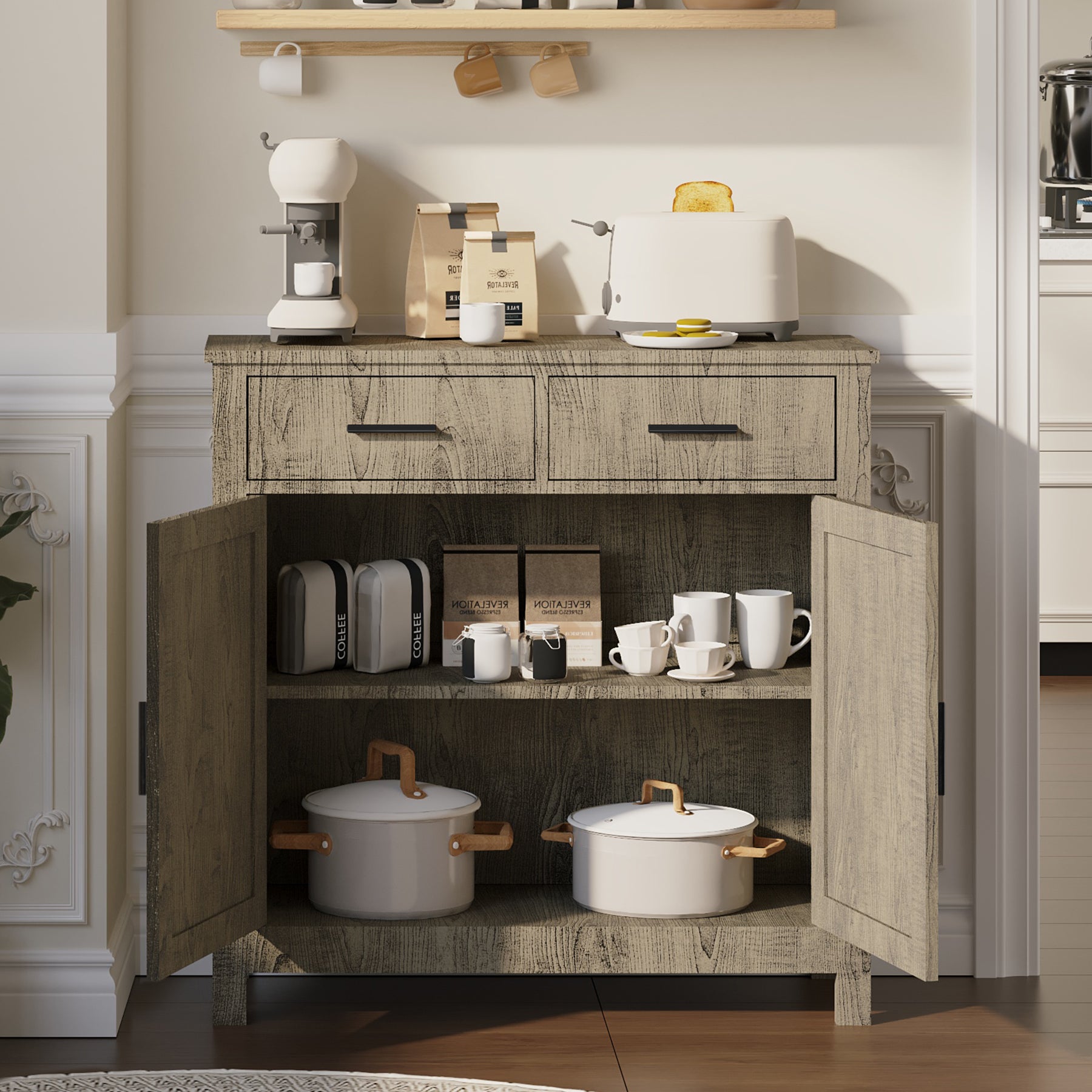 Kitchen Storage Cabinet, Modern Farmhouse Buffet Cabinet With Storage, Coffee Bar With 2 Drawers And 2 Doors, Floor Sideboard Buffet For Living Room, Dining Room, Bathroom, Grey Grey Particle Board