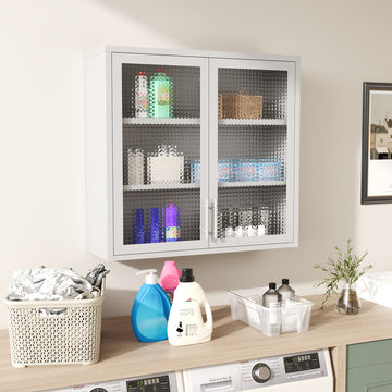 Retro Style Wall Mounted Cabinet Table Top Storage Cabinet With Hazy Glass Doors And 2 Adjustable Shelves For Bathroom Kitchen Living Room Kitchen Hallway White Outdoor Paint, Waffle Grids Glass Square 3 4 Shelves Powder Coated White Primary Living Space