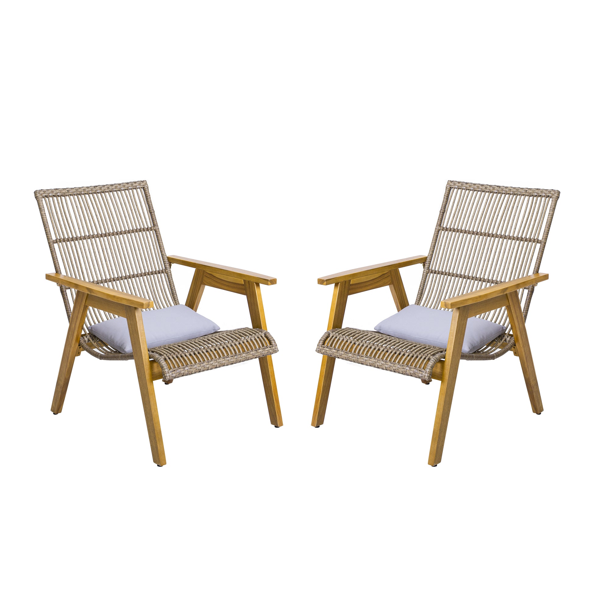 Set Of 2, Acacia Wood Cape Woven Wicker Large Lounge Chair With Pillow For Patio, Deck, Yard, Lawn And Garden Seating, Teak Finish Natural Wicker Light Grey Fabric Teak 2 Person Seating Group Acacia Wood