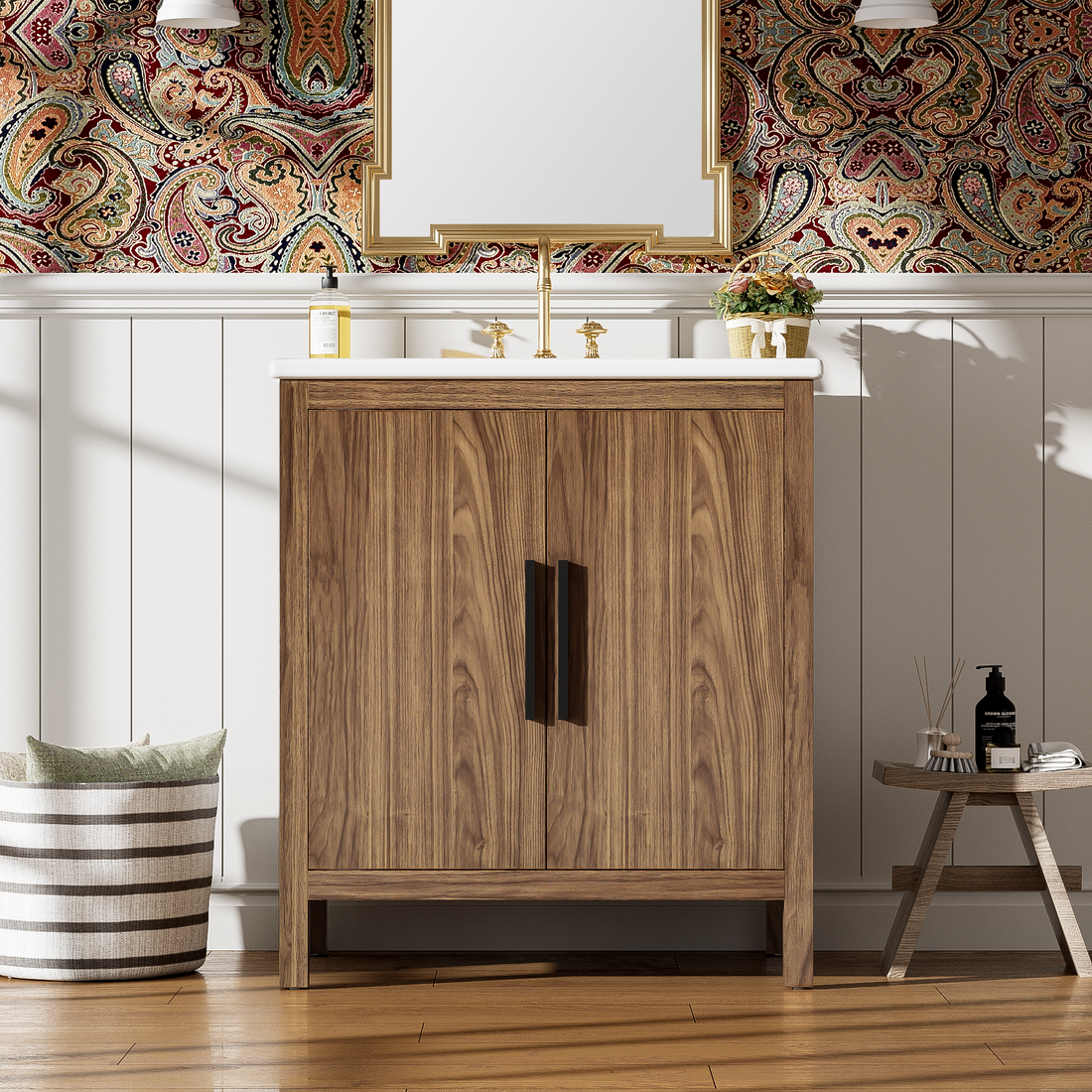 30" Wood Color Bathroom Vanity With Single Sink, Combination Under Counter Sink, Bathroom Storage Cabinet With Soft Closing Door, Multi Function Storage, Solid Wood Frame Wood Bathroom Solid Wood Mdf