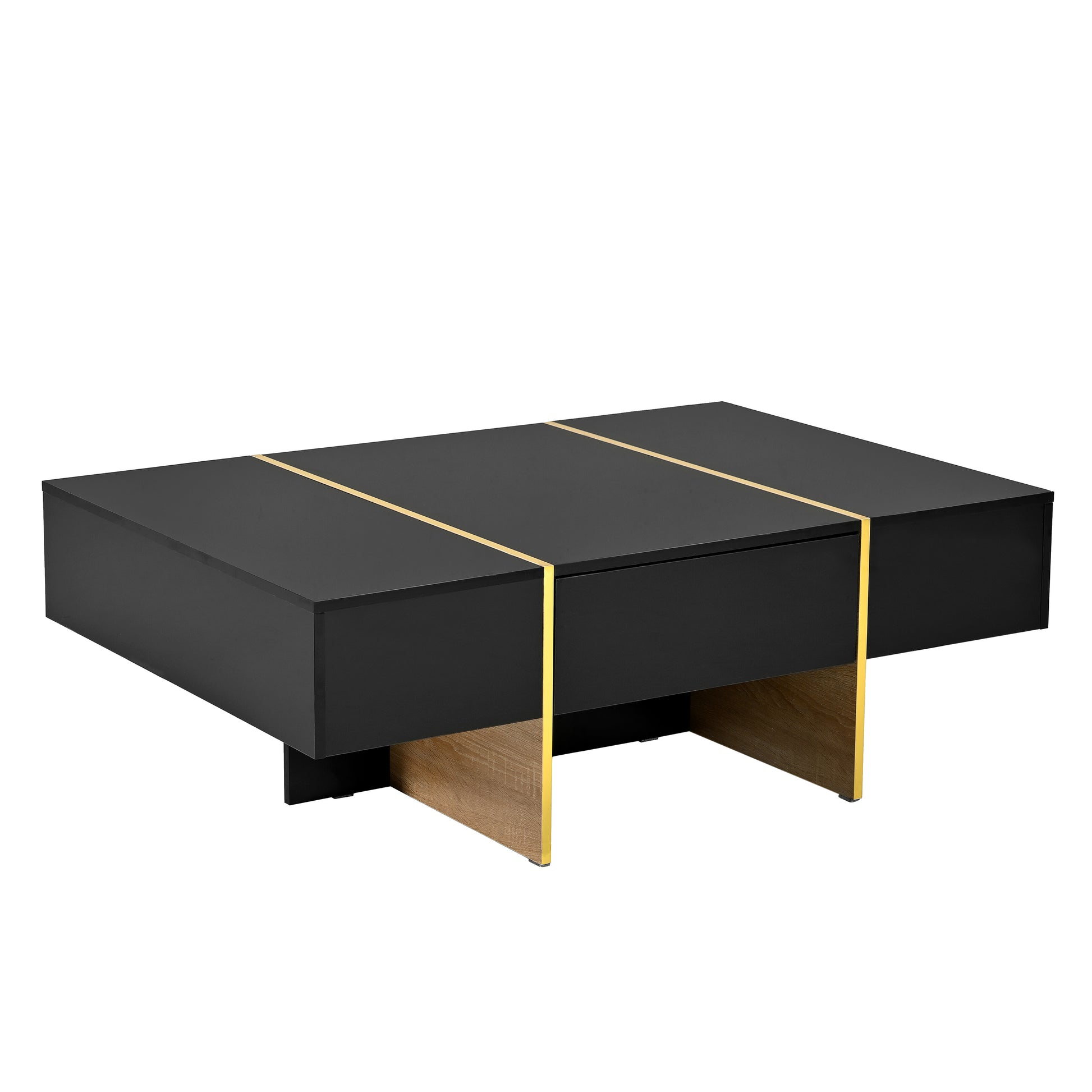 47.2'' X 31.4''Minimalist High Gloss Coffee Table With 2 Drawers, Multi Storage Rectangle Sofa Table With Golden Wood Grain Legs, Modern Center Table For Living Room, Black Black Particle Board Mdf