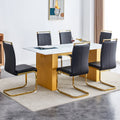 Table And Chair Set.Large Modern Rectangular Table With 0.4 Inch Patterned Glass Tabletop And Large Mdf Table Legs.Comes With 6 Chairs With Faux Leather Cushioned Seats And Golden Metal Legs. Gold White Seats 6 Mdf Glass