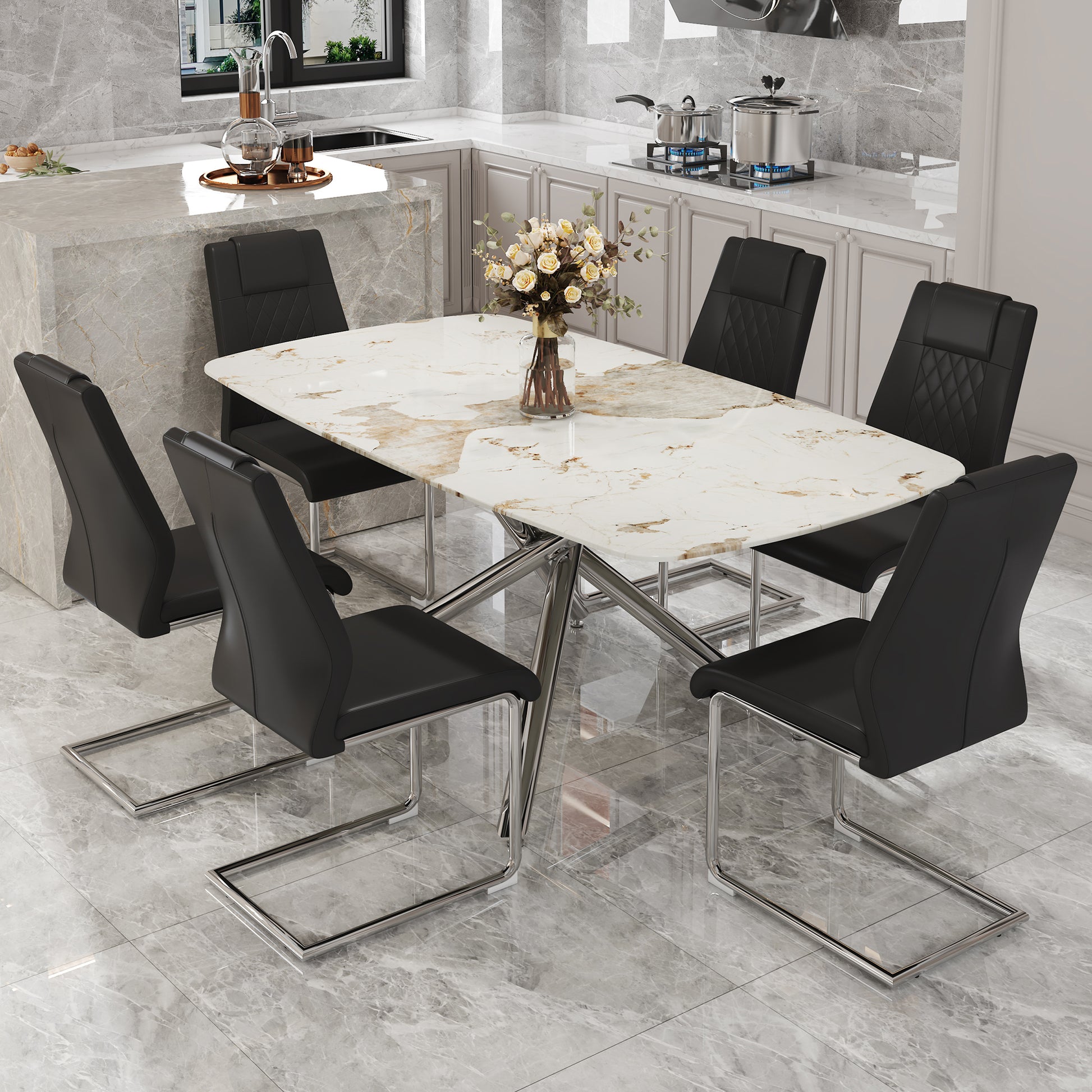 Table And Chair Set, Large Modern Minimalist Rectangular Dining Table, 0.39 "Imitation Marble Tabletop And Silver Metal Legs, Soft Leather Seats. F 1537 Silver Glass Metal