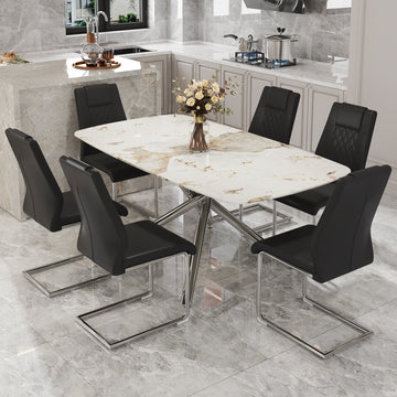 Table And Chair Set, Large Modern Minimalist Rectangular Dining Table, 0.39 "Imitation Marble Tabletop And Silver Metal Legs, Soft Leather Seats. F 1537 Silver Glass Metal