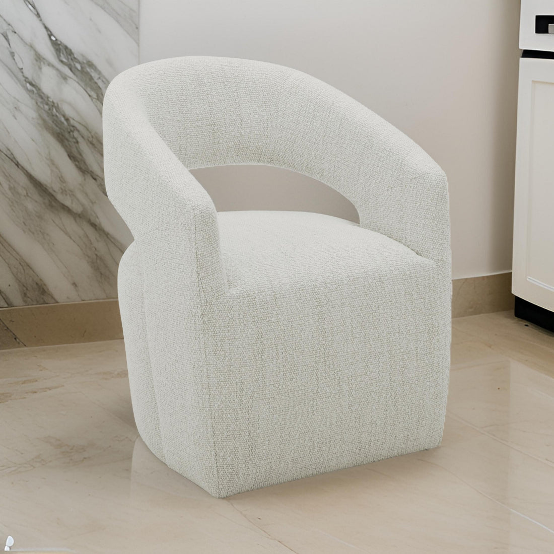 26 Inch Accent Armchair, Textured Cream Fabric, Curved Cutout Backrest Cream Fabric