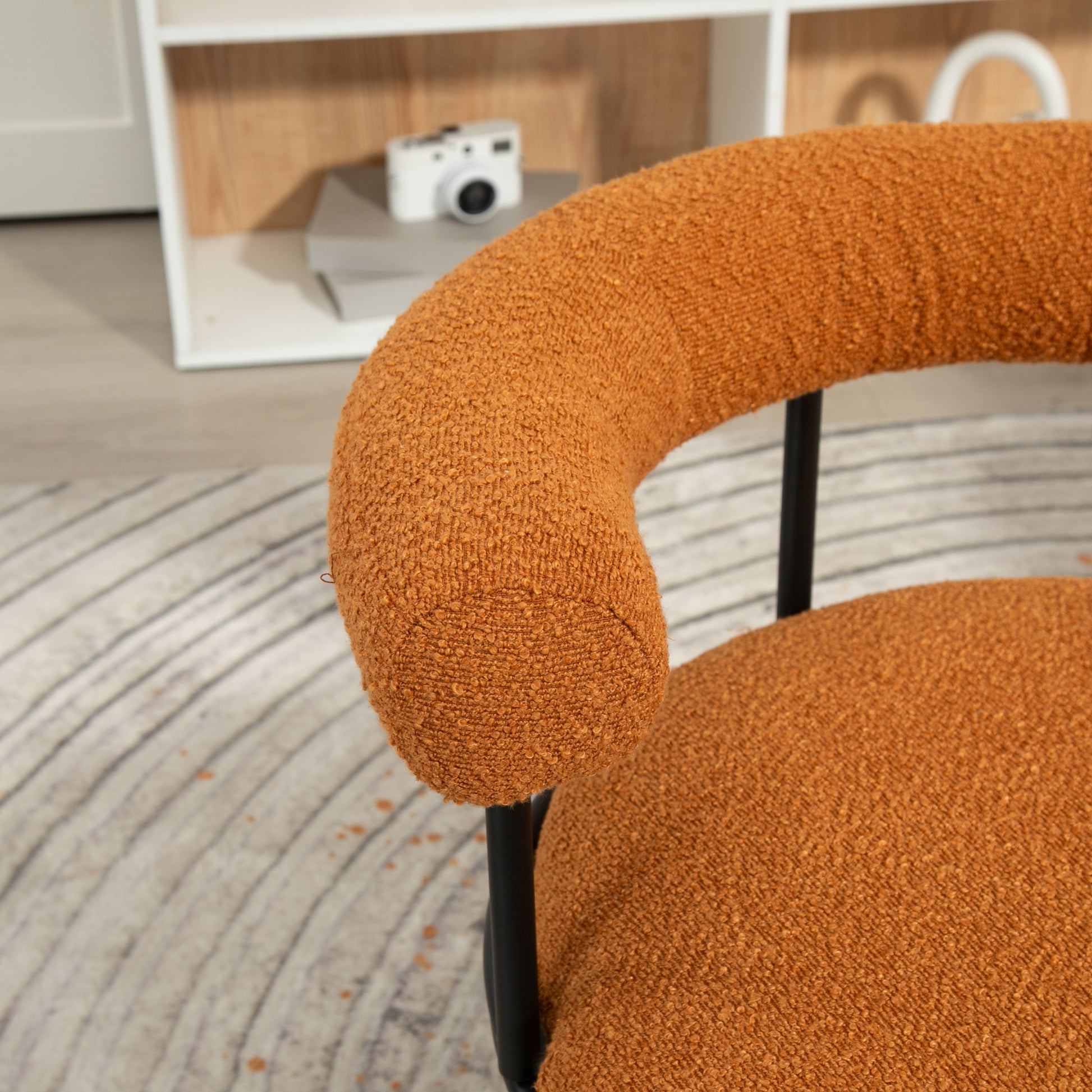 Coolmore Boucle Dining Chairs Set Of 2, Mid Century Modern Curved Backrest Chair, Round Upholstered Kitchen Chairs Orange Boucle Orange Foam Mdf Metal