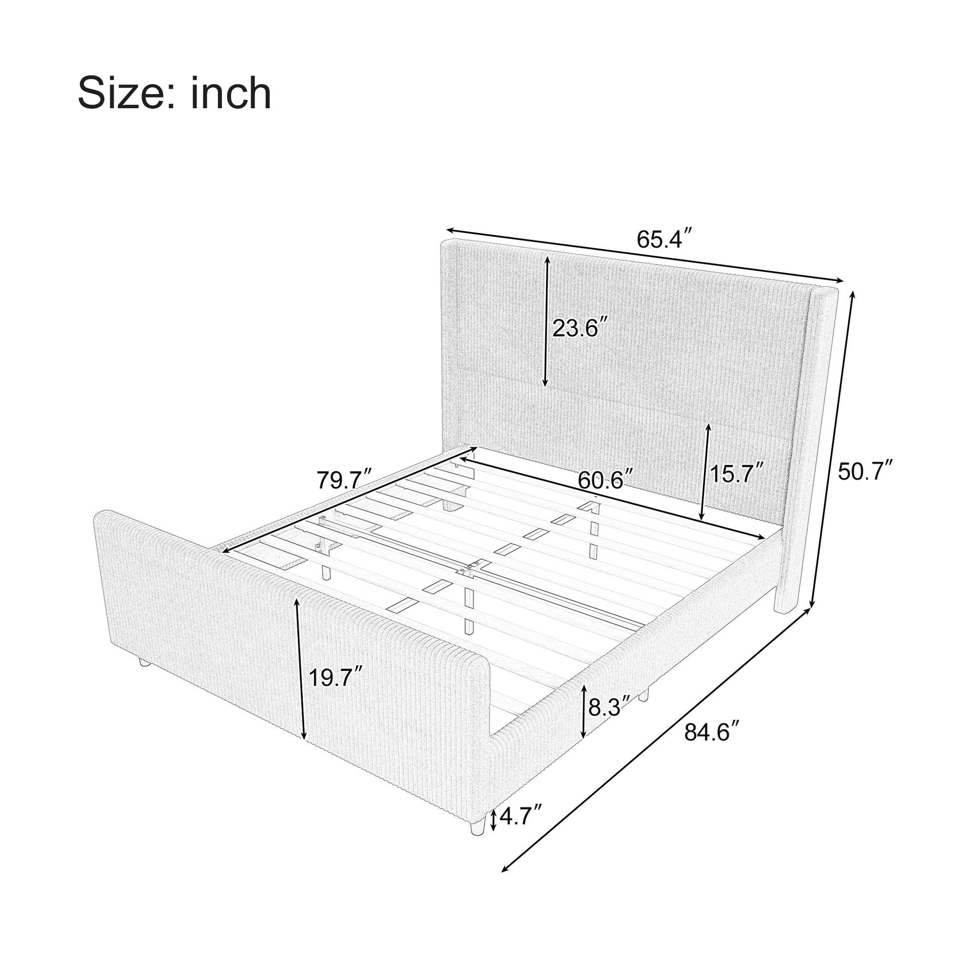 50.7'' High Headboard Corduroy Upholstered Bed Frame With Vertical Stripe Wingback And High Footboard No Box Spring Needed, Queen Size, Cream Box Spring Not Required Queen Cream Wood Bedroom Modern Bed Frame Wood