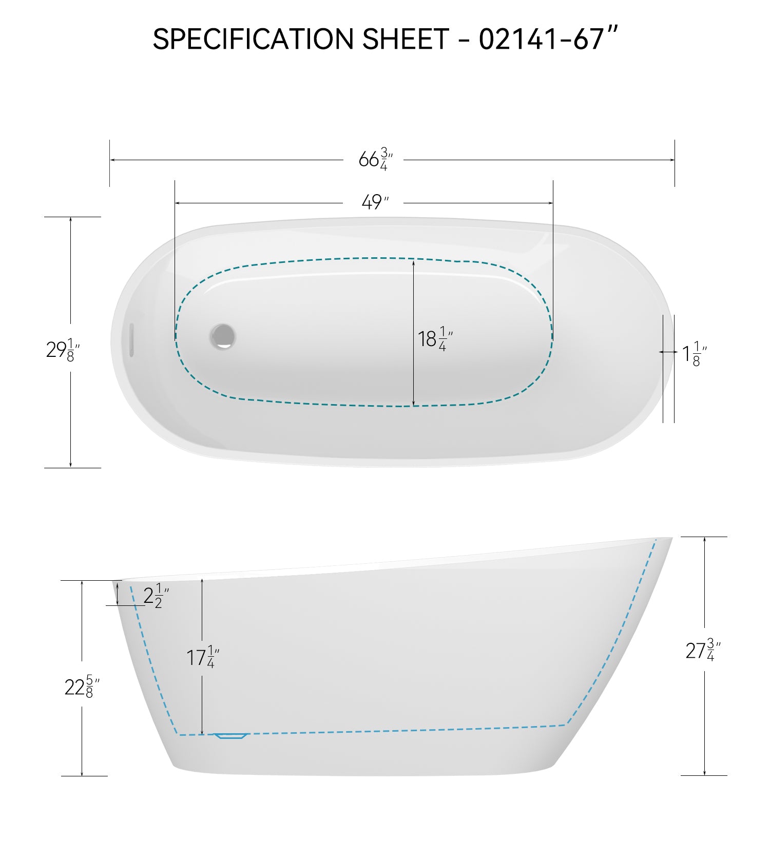 67'' Acrylic Freestanding Soaking Bathtub With