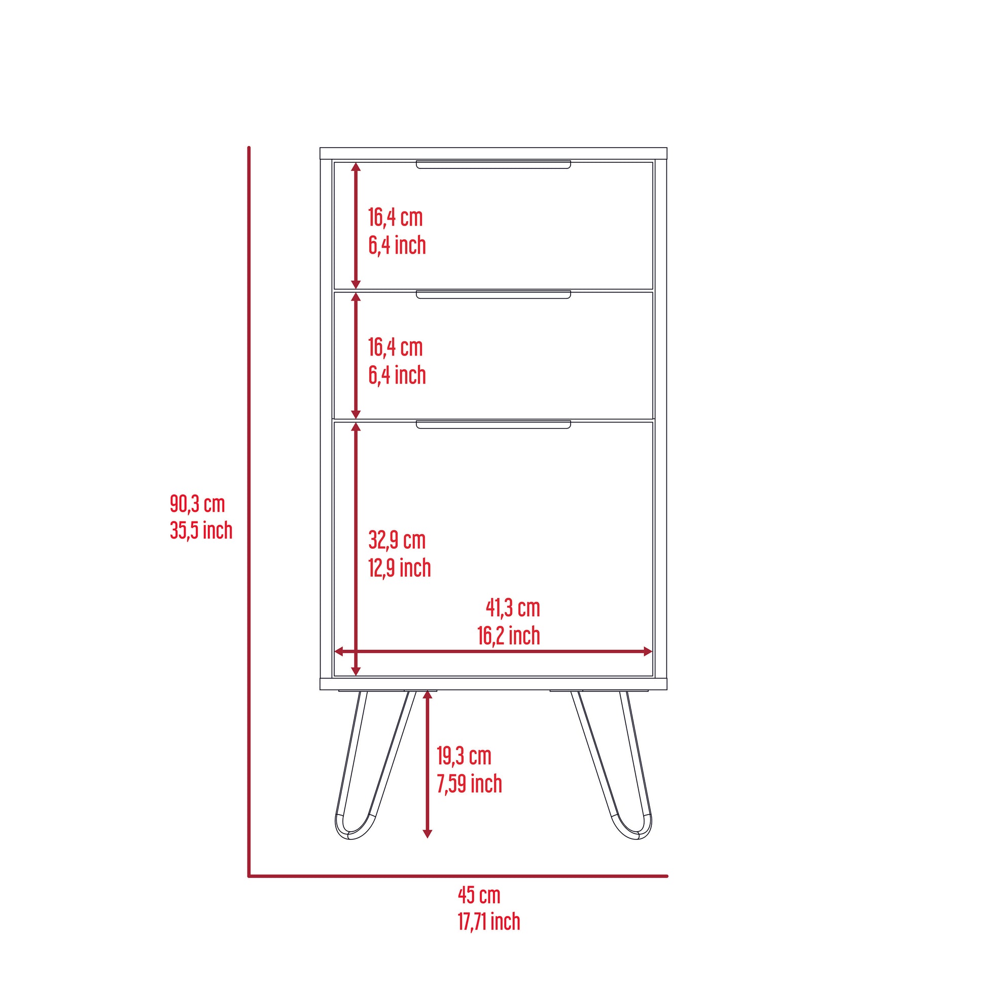 London Dresser, Three Drawers, Superior Top, Hairpin Legs Beige Mdf Engineered Wood