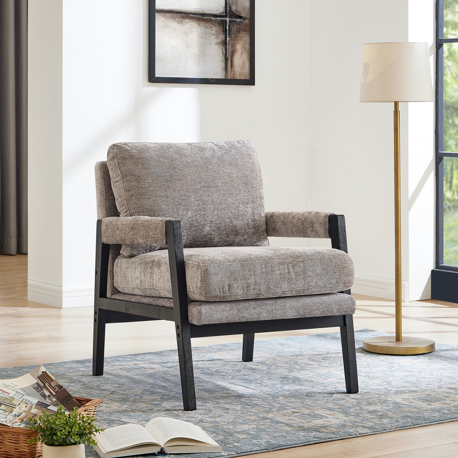 Kelly Mid Century Modern Chenille Upholstered Accent Armchair, Grey Grey Brown Primary Living Space Mid Century Modern Rubberwood Chenille Chenille,Rubber Wood