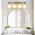 4 Light Golden Bathroom Vanity Light Fixture, Frosted Glass Shades, Modern Wall Mounted Lighting No Bulbs Golden Glass Iron