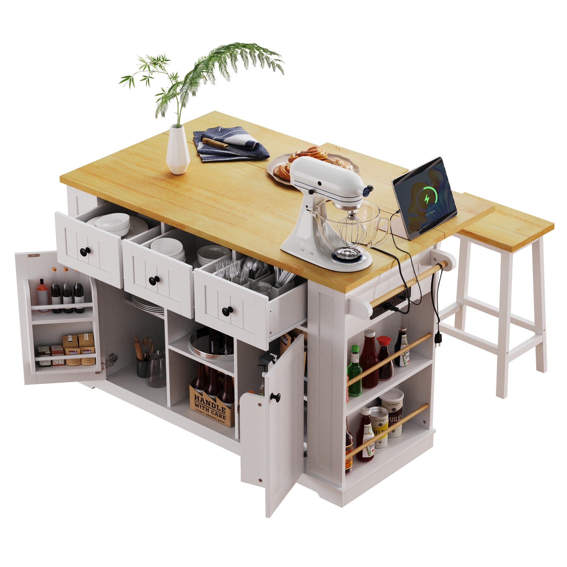 K&K 53Inch Large Kitchen Island With Drop Leaf, Power Outlet, Door Internal Storage Rack, Rolling Kitchen Cart On 5 Wheels With 5 Open Side Racks For Kitchen, Dining Room,White Not Include Bar