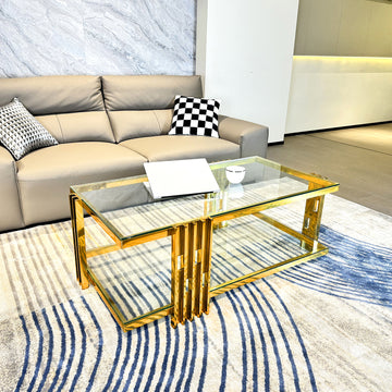 Golden Stainless Steel Coffee Table, Double Layer, Clear Tempered Glass Coffee Table, For Bed Room, Living Room Clear,Gold Modern Open Storage Rectangular Stainless Steel,Tempered Glass