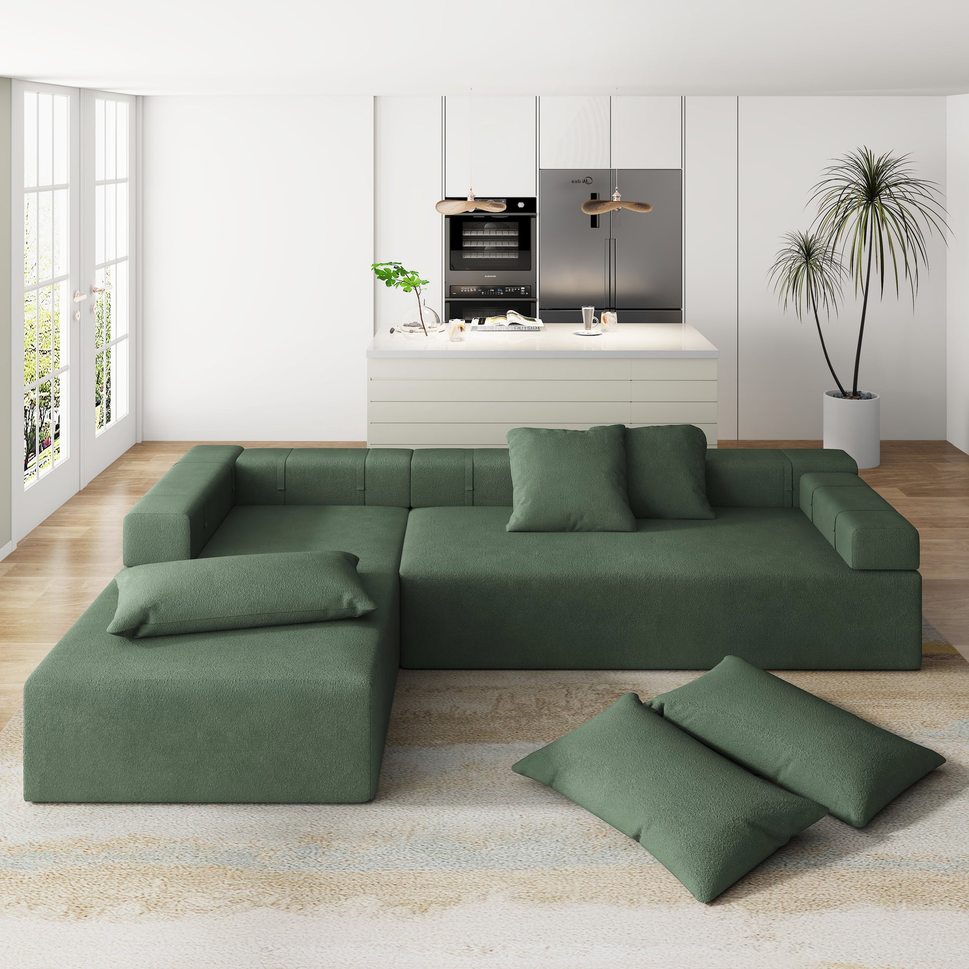 Modern Upholstered Sectional Sofa Couch Set,Modular 108" L Shaped Sectional Living Room Sofa Set With 6 Pillows,Free Combination Sofa Couch For Living Room,Bedroom Left Chaise Green Foam Chenille 3 Seat