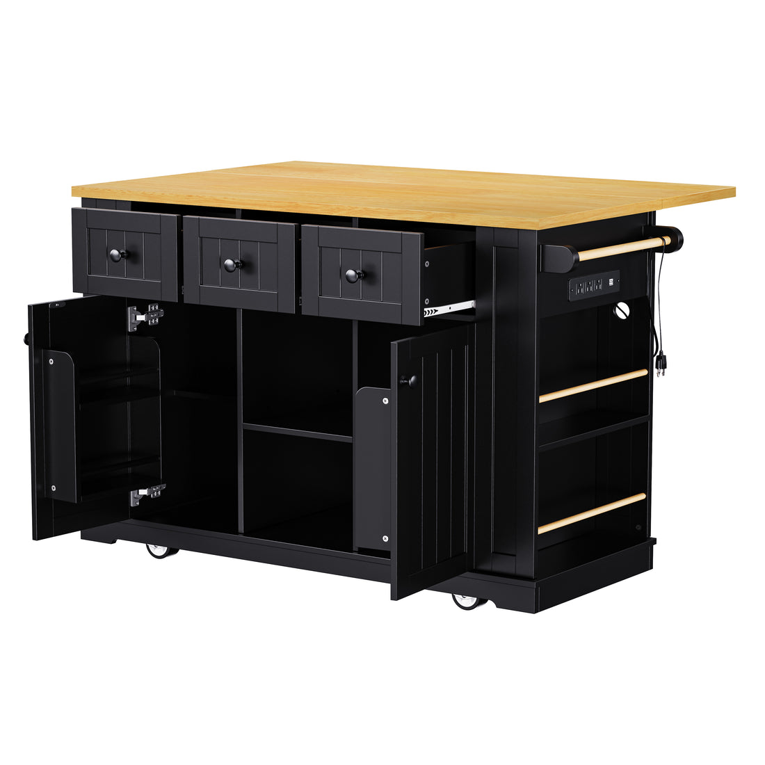 K&K 53Inch Large Kitchen Island With 2 Bar Stools, Power Outlet,Door Internal Storage Rack, Kitchen Storage Cart On 5 Wheels With Drop Leaf, 5 Open Side Racks, 3 Drawers, For Kitchen,Dining