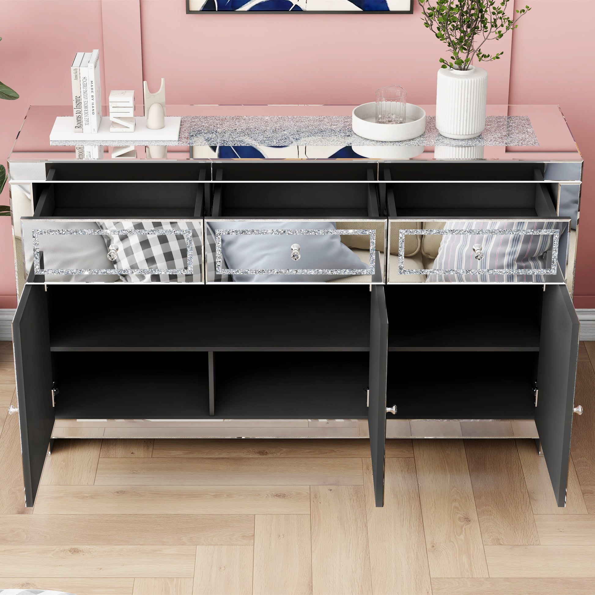 53.15'' Mirrored Glass Sideboard With 3 Drawers 3 Doors Silver Dining Room Luxury,Modern Cabinets Included Mdf Glass,Mirror