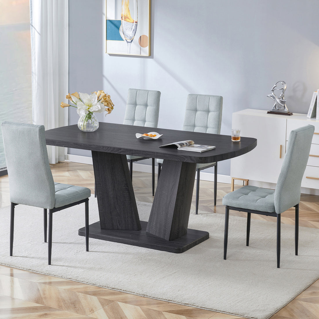 5 Piece Dining Table Set, 1.8" Thickness Tabletop And V Shaped Table Legs, 63 Inch Modern Kitchen Dining Table And Upholstered Dining Chairs For Kitchen Dining Room Table 4 Chairs Metal Gray Dining Room Classic,Mid Century Modern,Modern Rectangular Mdf