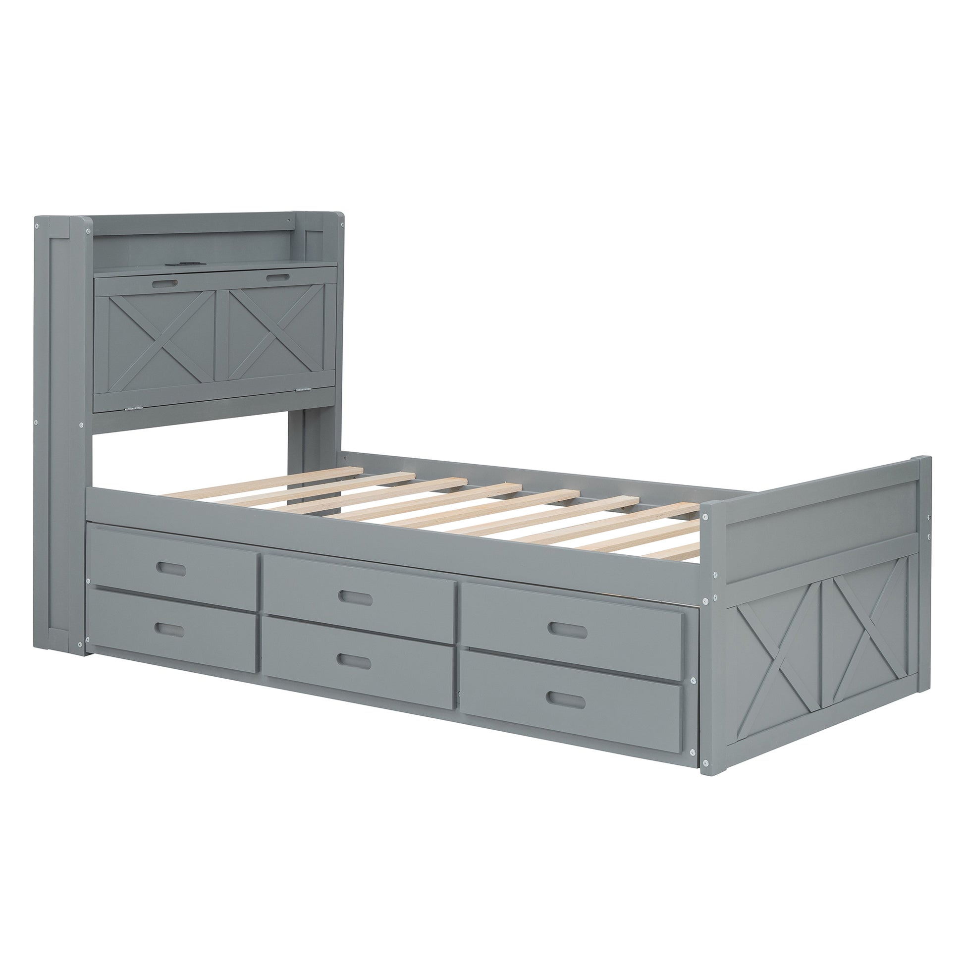Twin Size Wooden Bed With Storage Headboard With Outlets, Extendable Bed With Twin Size Trundle With Three Storage Drawers,Gray Twin Gray Wood