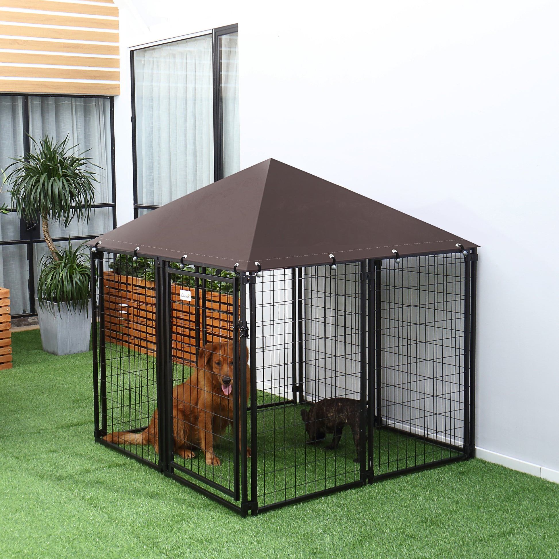 Pawhut 5' X 5' X 5' Dog Kennel Outdoor, Walk In Pet Playpen, Welded Wire Steel Dog Fence With Water And Uv Resistant Canopy, Jet Black Black Steel