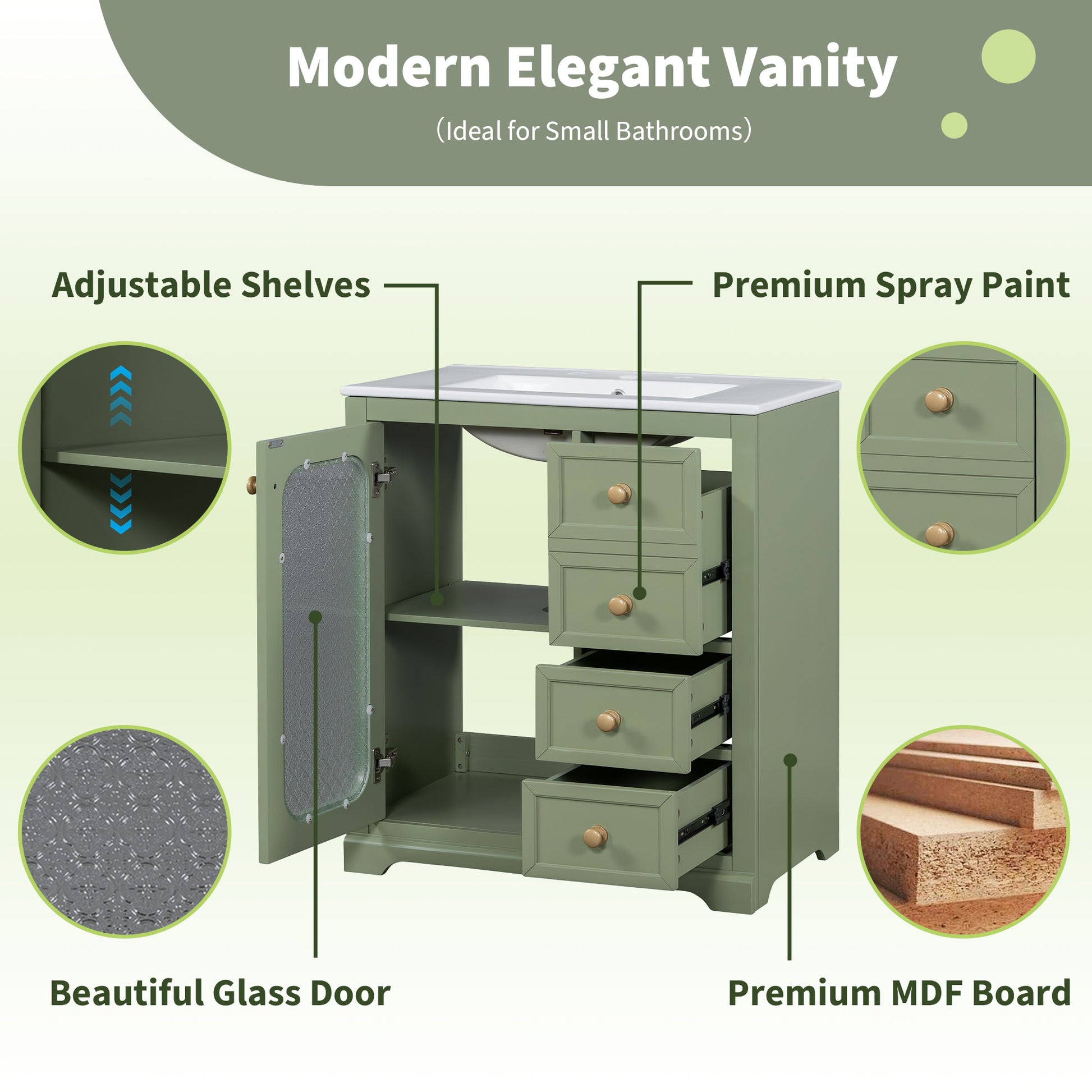 30 Inch Bathroom Vanity With A Soft Close Glass Door, Adjustable Shelves, And Three Drawers Green Bathroom Solid Wood Mdf Glass