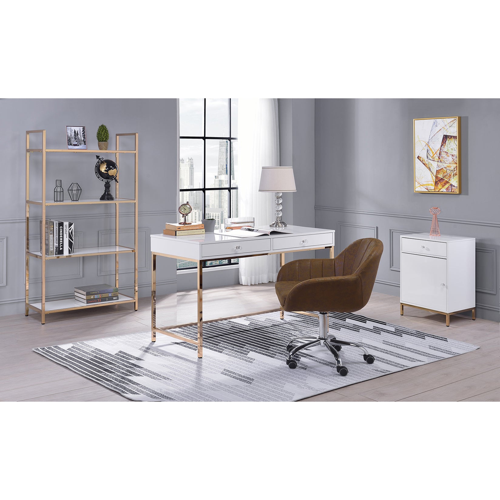 White High Gloss And Gold 2 Drawer Writing Desk White Gold Writting Desk Office Contemporary Freestanding Rectangular Drawers Rectangular Desk Wood Metal H Shape