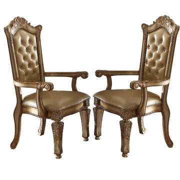 27 Inch Wood Dining Side Chair, Faux Leather, Set Of 2, Gold Gold Wood Fabric
