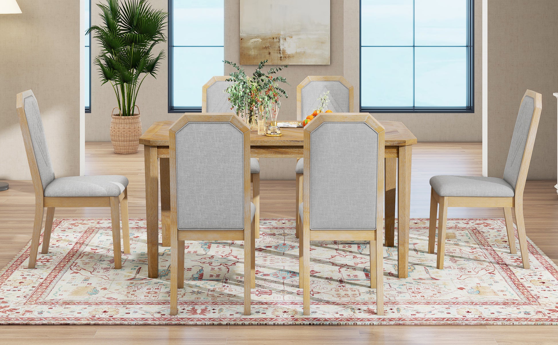 7 Piece Farmhouse Dining Set Classic Rustic Table And 6 High Back Design Chairs For Dining Room, Kitchen Natural Wood Wash Natural Wood Wash Solid Wood Mdf