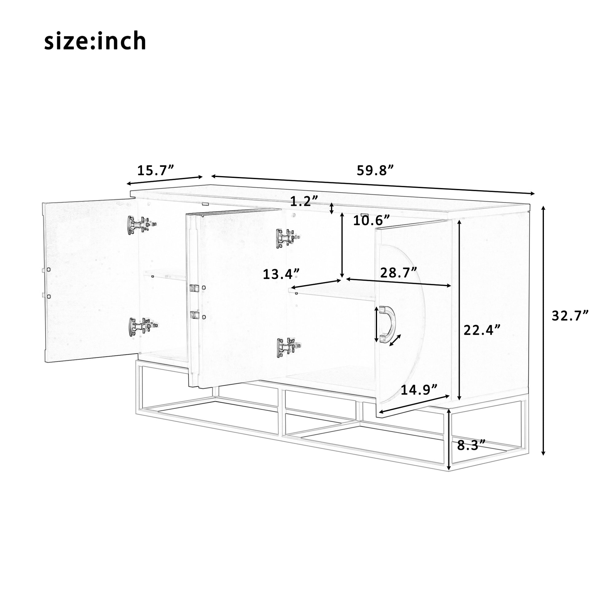 Four Door Metal Handle Storage Cabinet, Adjustable Shelves, Suitable For Corridor, Entrance, Living Room, Study Black Mdf