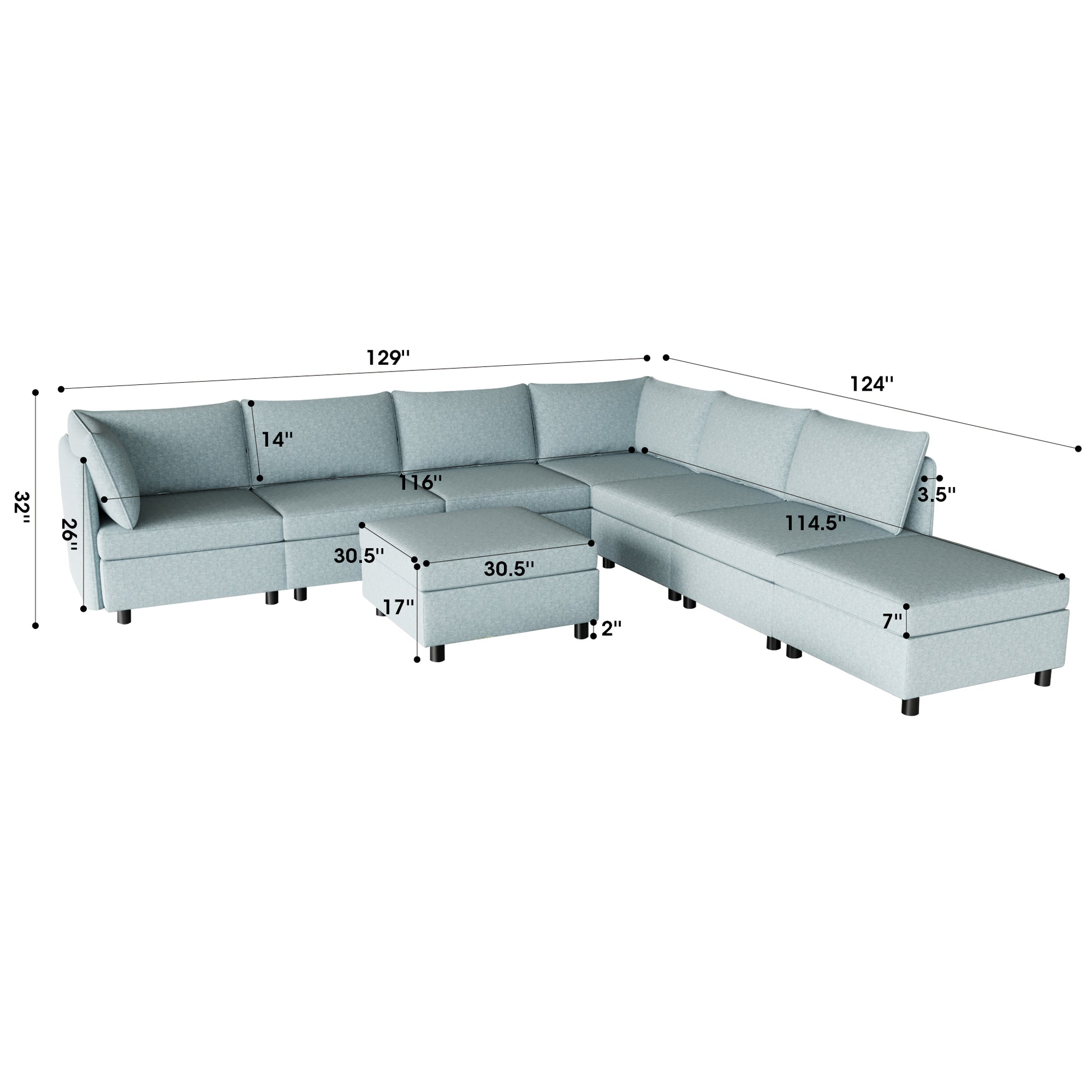 Modular Sectional Sofa, Convertible Sofa Seat With Storage, Sleeper Sectional Sofa Set, Fabric Flexible Modular Combinations For Living Room Antique Blue Fabric 8 Seat