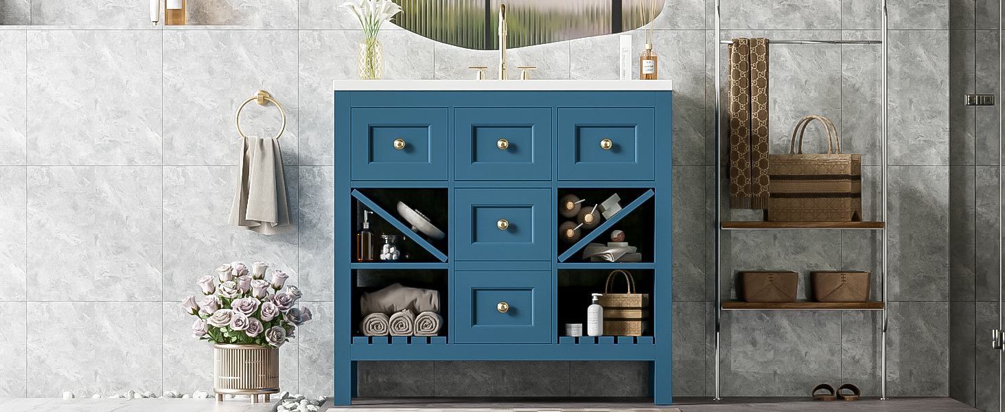 36'' Bathroom Vanity With Resin Sink Combo, Solid Wood Frame Bathroom Storage Cabinet, Freestanding Vanity Set With 5 Drawers& Soft Closing Doors Same As Sw000141Aam Blue Bathroom Solid Wood Mdf Resin