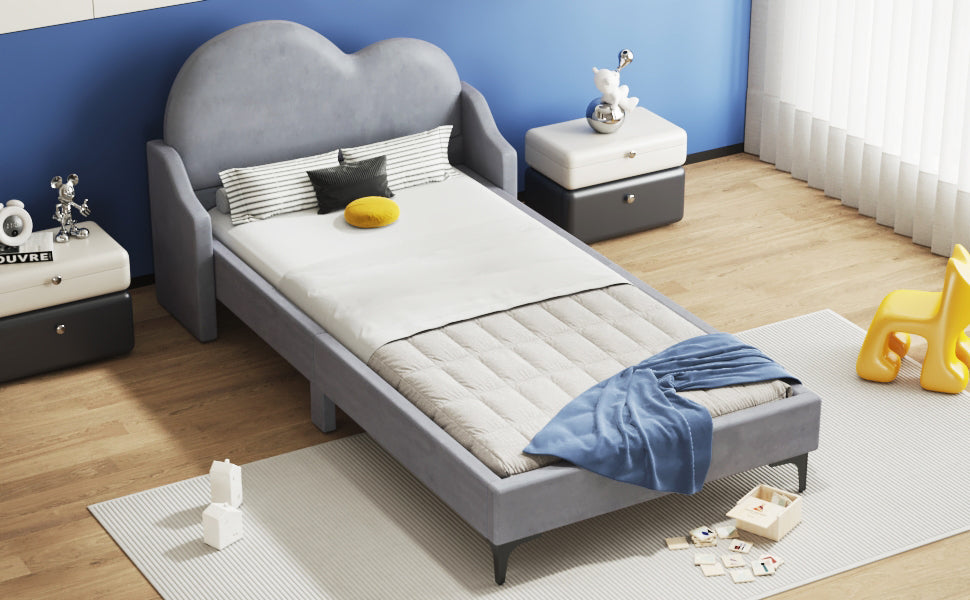 Twin Size Upholstered Platform Bed With Cloud Shaped Headboard, Gray Box Spring Not Required Twin Gray Bedroom Polyester Upholstered