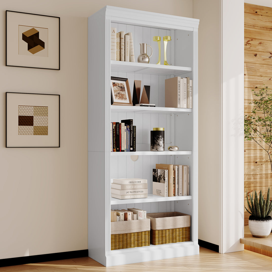 83" Tall Wood Bookcase,5 Tier Home Decor Bookshelves With Adjustable Storage Shelves,Storage Organizer For Cds Books Movies,Free Standing Storage Shelves For Living Room,Home Office,White White Solid Wood Mdf